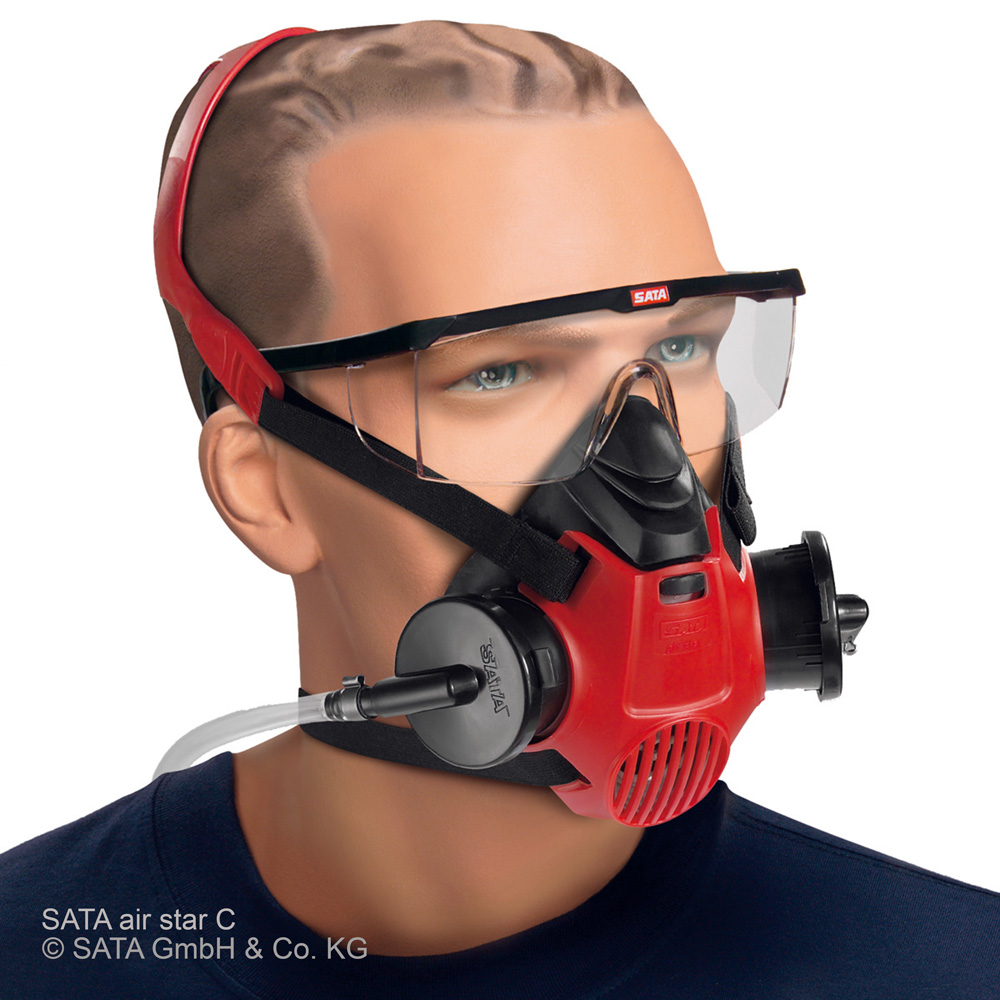 SATA Atemschutzset: SATA air star C und Gurteinheit mit Aktivkohleadsorber und Luftregelventil, Einwegkapuze